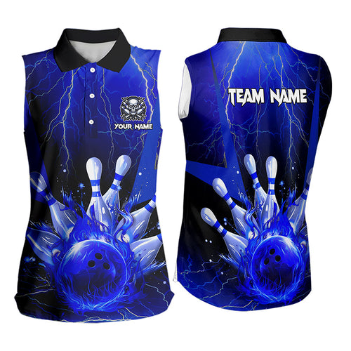 Blue Flame Lightning Thunder Bowling Sleeveless Polo Shirt For Women Custom Bowling Team Jersey NQS9425