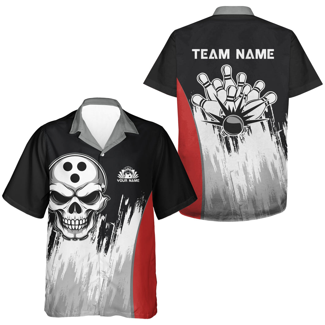 Black and White Skull Bowling Hawaiian Shirts Custom Bowling Team button up shirts | Red NQS9587