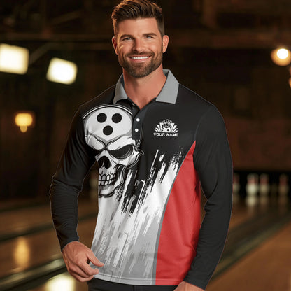 Black and White Skull Bowling Polo, Quarter Zip Shirts For Men Custom Bowling Team Jerseys | Red NQS9587