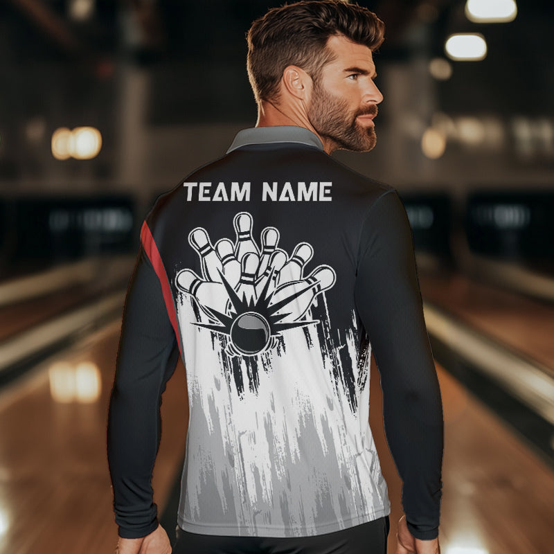 Black and White Skull Bowling Polo, Quarter Zip Shirts For Men Custom Bowling Team Jerseys | Red NQS9587