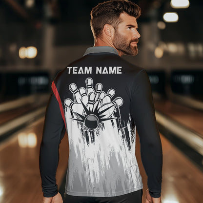 Black and White Skull Bowling Polo, Quarter Zip Shirts For Men Custom Bowling Team Jerseys | Red NQS9587