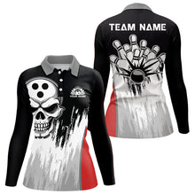 Load image into Gallery viewer, Black and White Skull Bowling Polo, Quarter Zip Shirts For Women Custom Bowling Team Jerseys | Red NQS9587