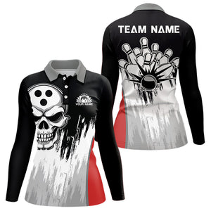 Black and White Skull Bowling Polo, Quarter Zip Shirts For Women Custom Bowling Team Jerseys | Red NQS9587