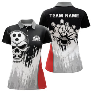 Black and White Skull Bowling Polo, Quarter Zip Shirts For Women Custom Bowling Team Jerseys | Red NQS9587