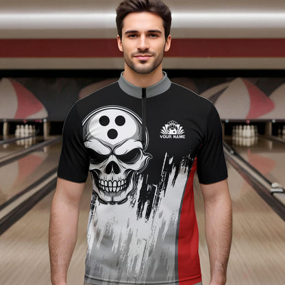 Black and White Skull Bowling Polo, Quarter Zip Shirts For Men Custom Bowling Team Jerseys | Red NQS9587