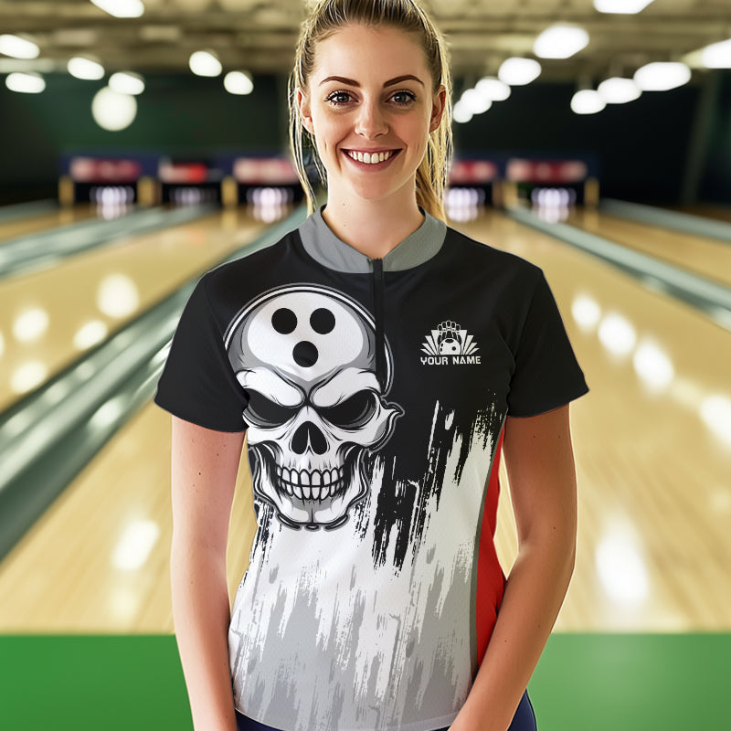 Black and White Skull Bowling Polo, Quarter Zip Shirts For Women Custom Bowling Team Jerseys | Red NQS9587