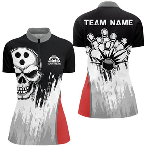 Black and White Skull Bowling Polo, Quarter Zip Shirts For Women Custom Bowling Team Jerseys | Red NQS9587