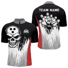 Load image into Gallery viewer, Black and White Skull Bowling Polo, Quarter Zip Shirts For Men Custom Bowling Team Jerseys | Red NQS9587