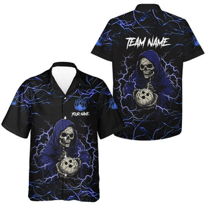 Black & Blue Lightning Thunder Skull reaper Bowling Hawaiian Shirt Custom Bowling Team button up shirt NQS9590