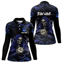 Load image into Gallery viewer, Black and Blue Lightning Thunder Skull reaper Bowling Shirts For Women Custom Bowling Team Jerseys NQS9590