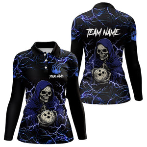 Black and Blue Lightning Thunder Skull reaper Bowling Shirts For Women Custom Bowling Team Jerseys NQS9590