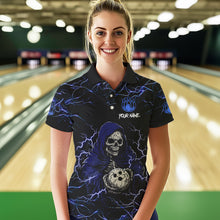 Load image into Gallery viewer, Black and Blue Lightning Thunder Skull reaper Bowling Shirts For Women Custom Bowling Team Jerseys NQS9590