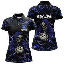 Load image into Gallery viewer, Black and Blue Lightning Thunder Skull reaper Bowling Shirts For Women Custom Bowling Team Jerseys NQS9590