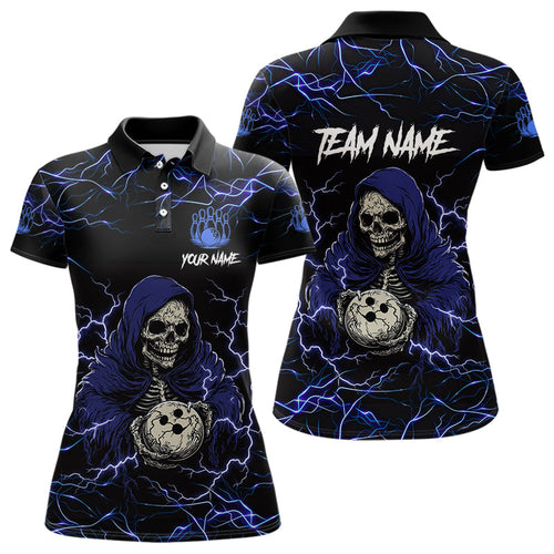 Black and Blue Lightning Thunder Skull reaper Bowling Shirts For Women Custom Bowling Team Jerseys NQS9590