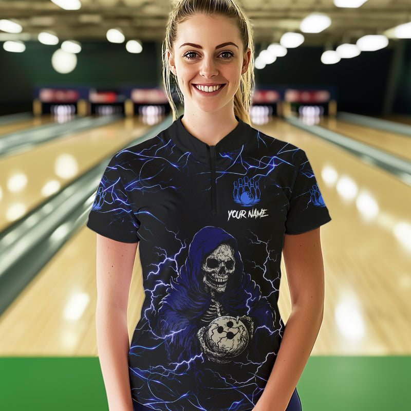 Black and Blue Lightning Thunder Skull reaper Bowling Shirts For Women Custom Bowling Team Jerseys NQS9590