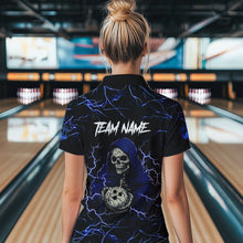 Load image into Gallery viewer, Black and Blue Lightning Thunder Skull reaper Bowling Shirts For Women Custom Bowling Team Jerseys NQS9590