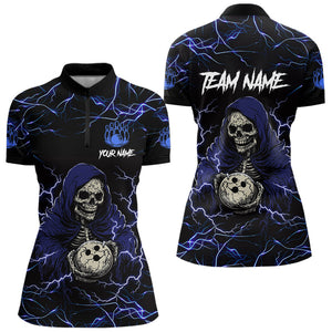 Black and Blue Lightning Thunder Skull reaper Bowling Shirts For Women Custom Bowling Team Jerseys NQS9590