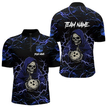 Load image into Gallery viewer, Black and Blue Lightning Thunder Skull reaper Bowling Shirts For Men Custom Bowling Team Jerseys NQS9590