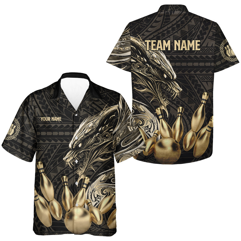 Black and Gold Dragon Tribal Bowling Hawaiian Shirt Custom Retro Bowling Team button up shirt NQS9591