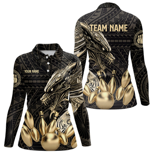 Black and Gold Dragon Tribal Bowling Polo, 1/4 Zip Shirts For Women Custom Retro Bowling Team Jerseys NQS9591
