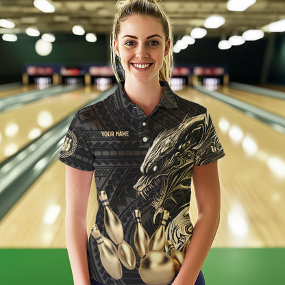 Black and Gold Dragon Tribal Bowling Polo, 1/4 Zip Shirts For Women Custom Retro Bowling Team Jerseys NQS9591