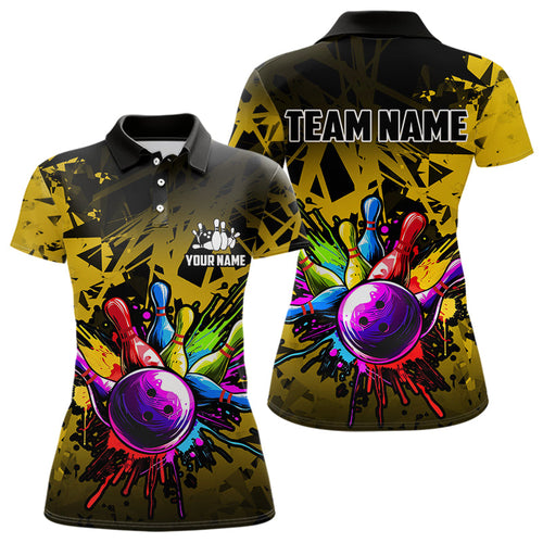 Colorful bowling jersey Polo, 1/4 Zip Shirt for Women Custom Bowling Team shirts for bowler| Yellow NQS9728