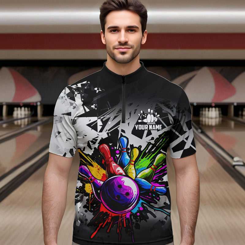 Colorful bowling jerseys Polo, 1/4 Zip Shirt for Men Custom Bowling Team shirts for bowler | White NQS9729