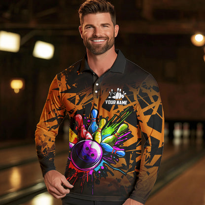 Colorful bowling jerseys Polo, 1/4 Zip Shirt for Men Custom Bowling Team shirts for bowler | Orange NQS9730