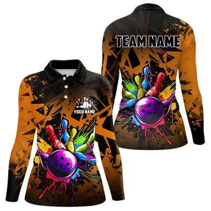 Colorful bowling jersey Polo, 1/4 Zip Shirt for Women Custom Bowling Team shirts for bowler| Orange NQS9730
