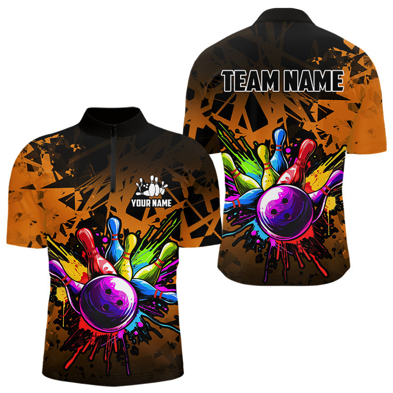 Colorful bowling jerseys Polo, 1/4 Zip Shirt for Men Custom Bowling Team shirts for bowler | Orange NQS9730