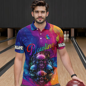 Colorful Rainbow Flame Skull Bowling Polo, Quarter Zip Shirts for Men Custom Bowling Team Jerseys NQS9731