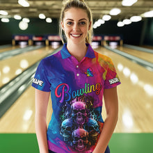 Load image into Gallery viewer, Colorful Rainbow Flame Skull Bowling Polo, Quarter Zip Shirts for Women Custom Bowling Team Jerseys NQS9731