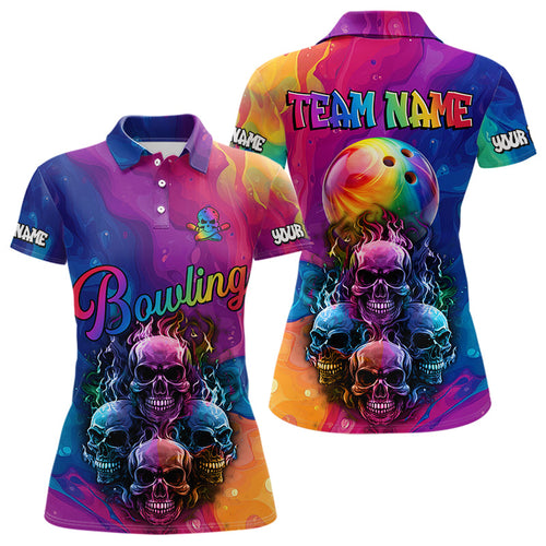 Colorful Rainbow Flame Skull Bowling Polo, Quarter Zip Shirts for Women Custom Bowling Team Jerseys NQS9731