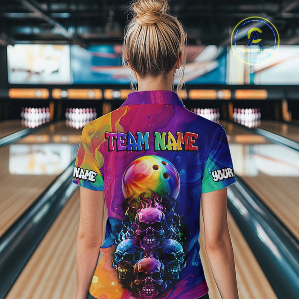 Colorful Rainbow Flame Skull Bowling Polo, Quarter Zip Shirts for Women Custom Bowling Team Jerseys NQS9731