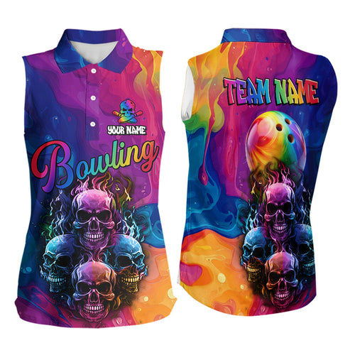 Colorful Rainbow Flame Skull Bowling Sleeveless Polo Shirt Custom Bowling Team Jerseys NQS9731