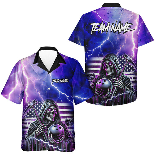 Purple American Flag Lightning Thunder Storm Reaper Bowling Hawaiian Shirts Custom Bowling Team Jersey NQS9732
