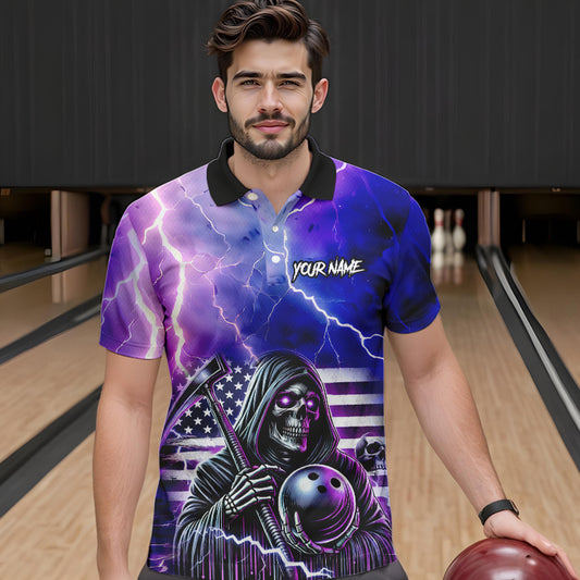 Purple American Flag Lightning Thunder Storm Reaper Bowling Shirt For Men Custom Bowling Team Jersey NQS9732