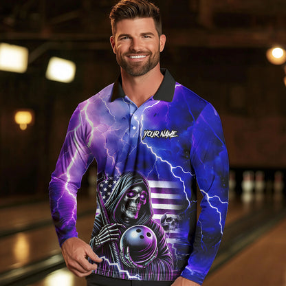 Purple American Flag Lightning Thunder Storm Reaper Bowling Shirt For Men Custom Bowling Team Jersey NQS9732