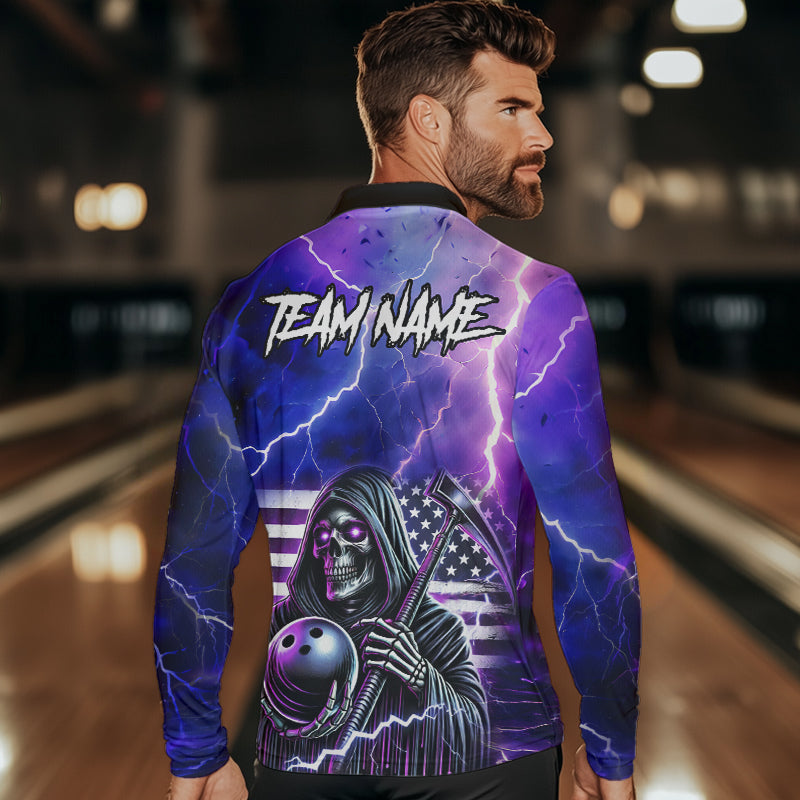 Purple American Flag Lightning Thunder Storm Reaper Bowling Shirt For Men Custom Bowling Team Jersey NQS9732