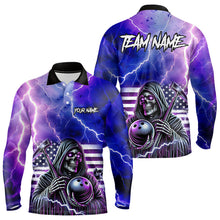 Load image into Gallery viewer, Purple American Flag Lightning Thunder Storm Reaper Bowling Shirt For Men Custom Bowling Team Jersey NQS9732