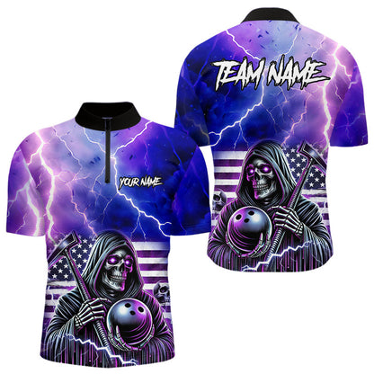 Purple American Flag Lightning Thunder Storm Reaper Bowling Shirt For Men Custom Bowling Team Jersey NQS9732