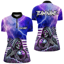 Load image into Gallery viewer, Purple American Flag Lightning Thunder Storm Reaper Bowling Shirt For Women Custom Bowling Team Jersey NQS9732