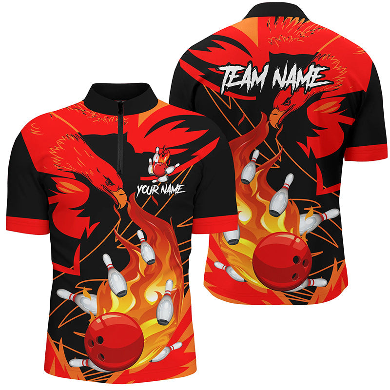 Eagle flame bowling ball and pins custom Mens Bowling Quarter Zip Shirts, team bowling jerseys | Red NQS7514