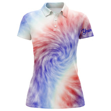 Load image into Gallery viewer, Womens golf polo shirt custom name colorful red white and blue tie dye pattern team womens golf tops NQS5531