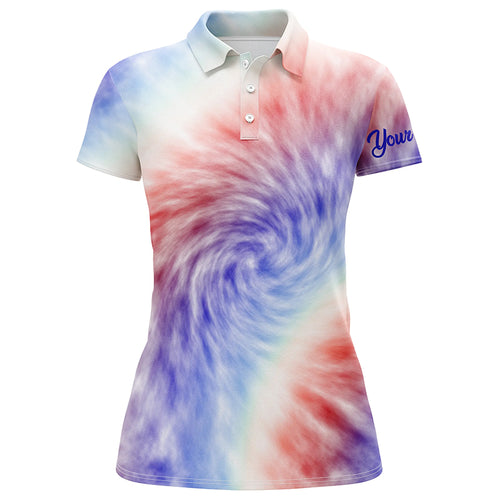 Womens golf polo shirt custom name colorful red white and blue tie dye pattern team womens golf tops NQS5531