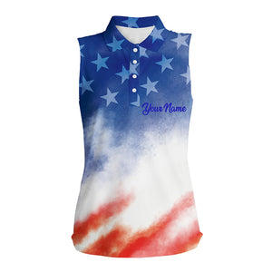 Womens sleeveless polo custom red white and blue tie dye pattern American flag team womens golf tops NQS5532