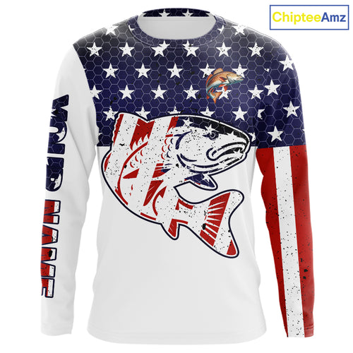 Red, White and Blue American Flag Redfish Fishing custom patriotic Redfish performance fishing shirts NQS10002