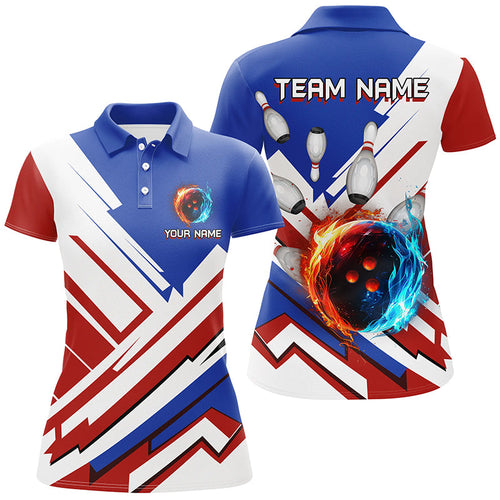 Red, White and Blue Flame Bowling Polo, Quarter Zip Shirts for Women Custom bowling team jerseys NQS7879