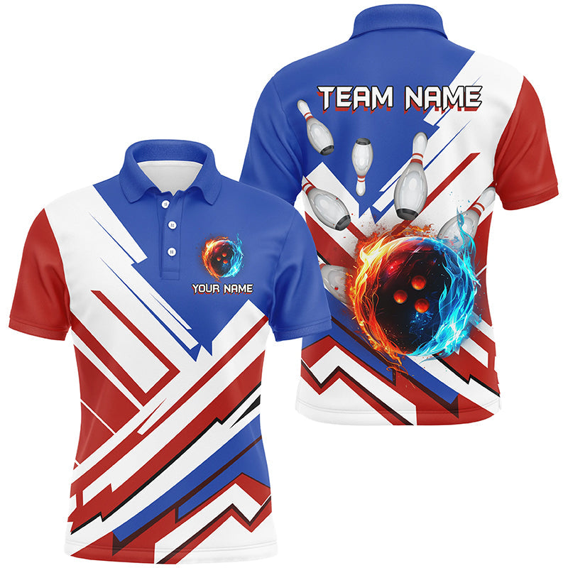 Red, White and Blue Flame Bowling Polo, Quarter Zip Shirts for Men Custom bowling team jerseys NQS7879
