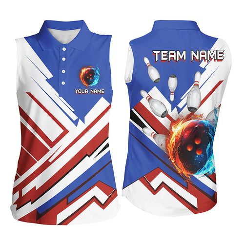 Red, White and Blue Flame Bowling Sleeveless Polo Shirts for Women Custom bowling team jerseys ladies NQS7879